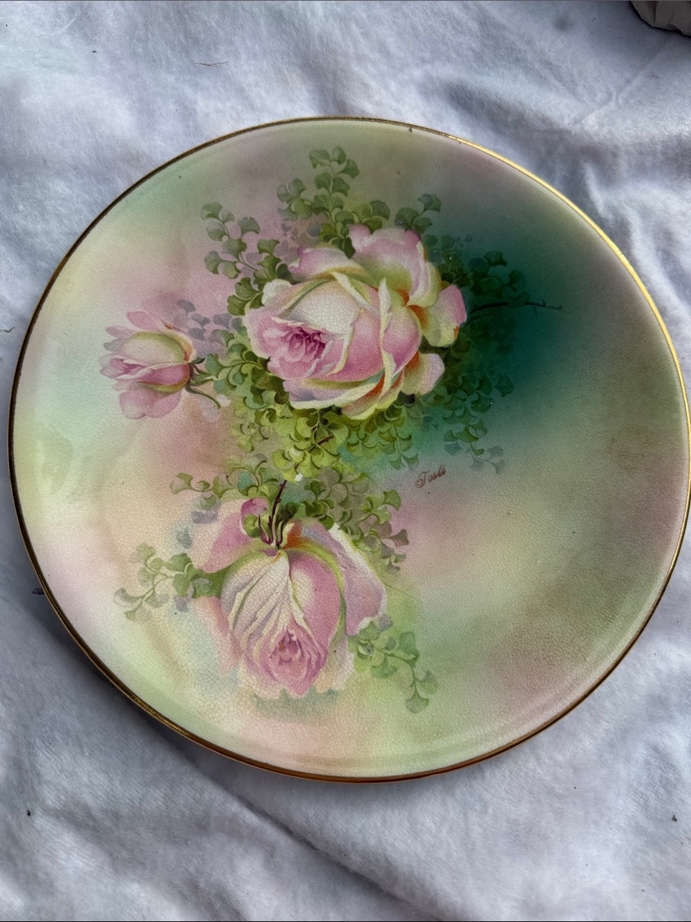 Vintage Hand-Painted Floral Decorative Plate - Pink Roses